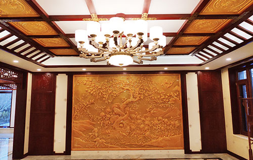 承德中式别墅客厅中式木作横梁吊顶装饰展示